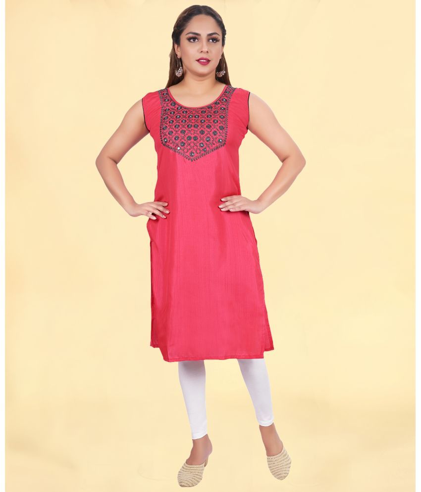     			Colorscube Cotton Silk Embroidered Straight Women's Kurti - Coral ( Pack of 1 )