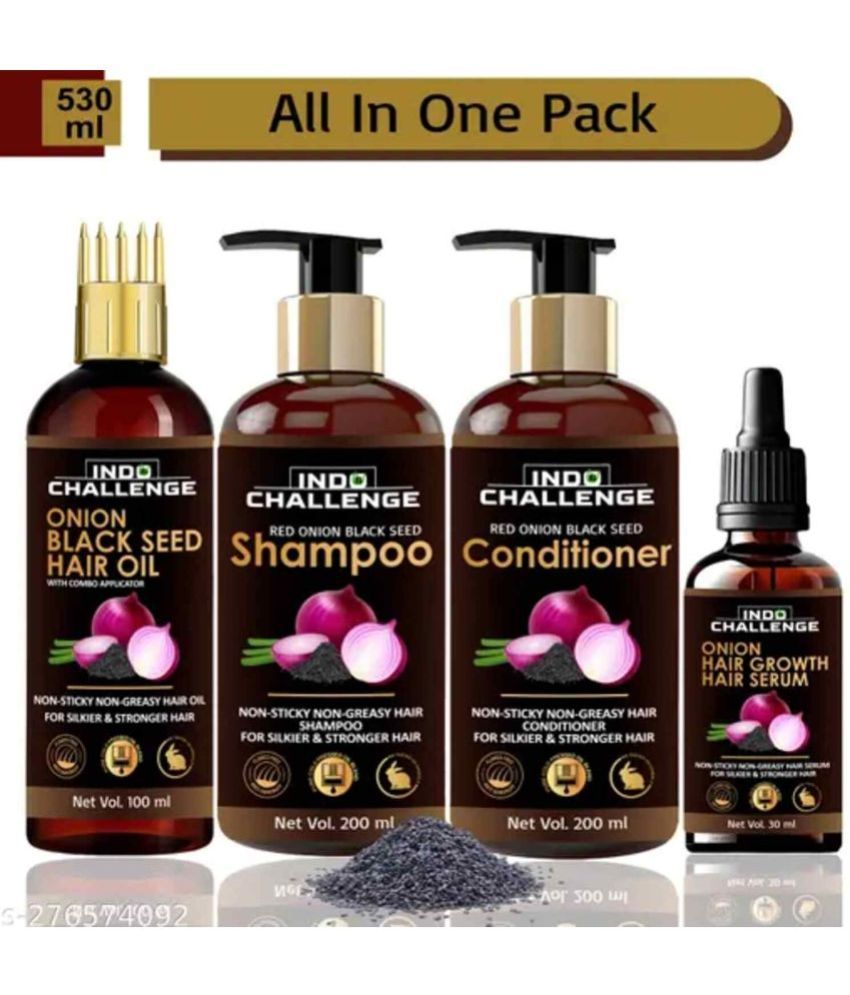     			Indo Challenge Red Onion Black Seed Oil Ultimate Hair Care Kit (Shampoo(200ml) + Hair Conditioner(200ml) + Hair Oil(100ml) + Hair Serum(30ml))- Net Vol (4 Items in the set)