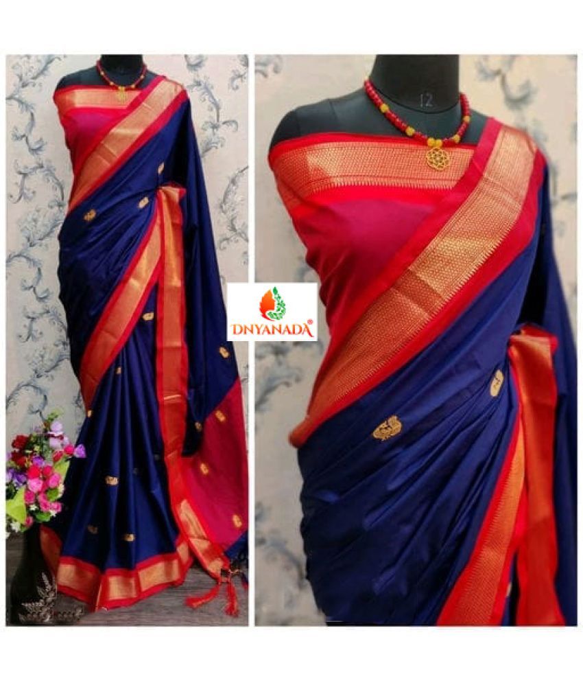     			Mysstre Cotton Silk Woven Saree With Blouse Piece - Navy Blue ( Pack of 1 )