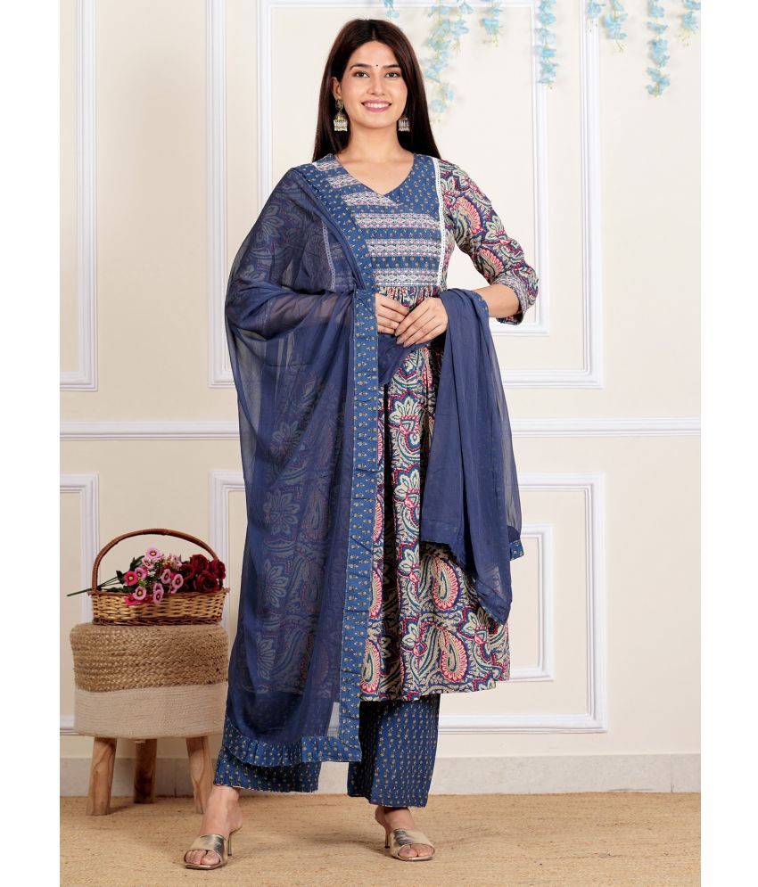     			Vbuyz Cotton Printed Kurti With Palazzo Women's Stitched Salwar Suit - Blue ( Pack of 1 )