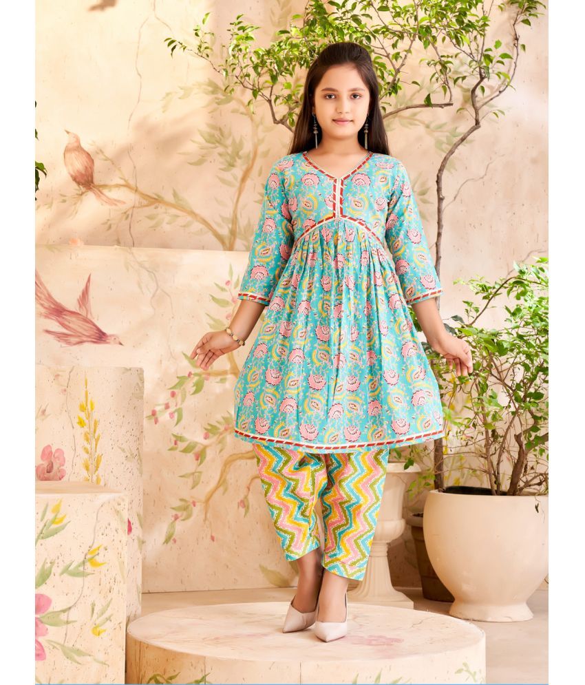     			Aarika Sea Green Cotton Girls Patiala Kurta Set ( Pack of 1 )