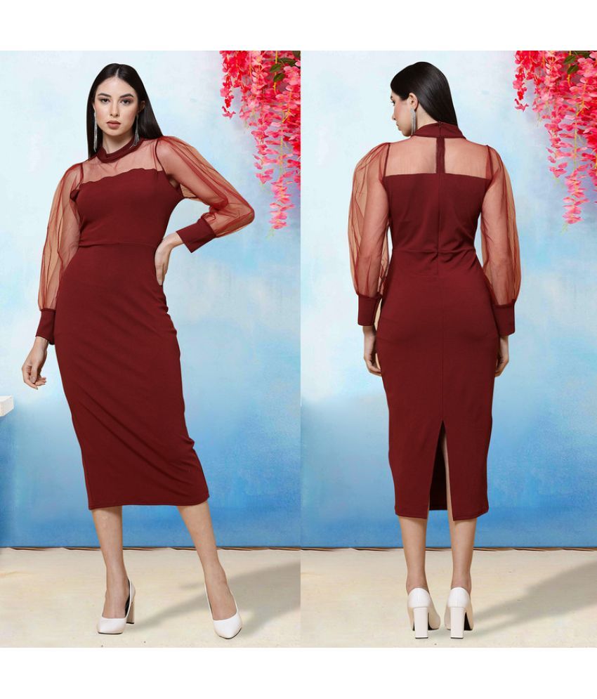     			MISS AYSE Cotton Blend Solid Midi Women's Bodycon Dress - Maroon ( Pack of 1 )