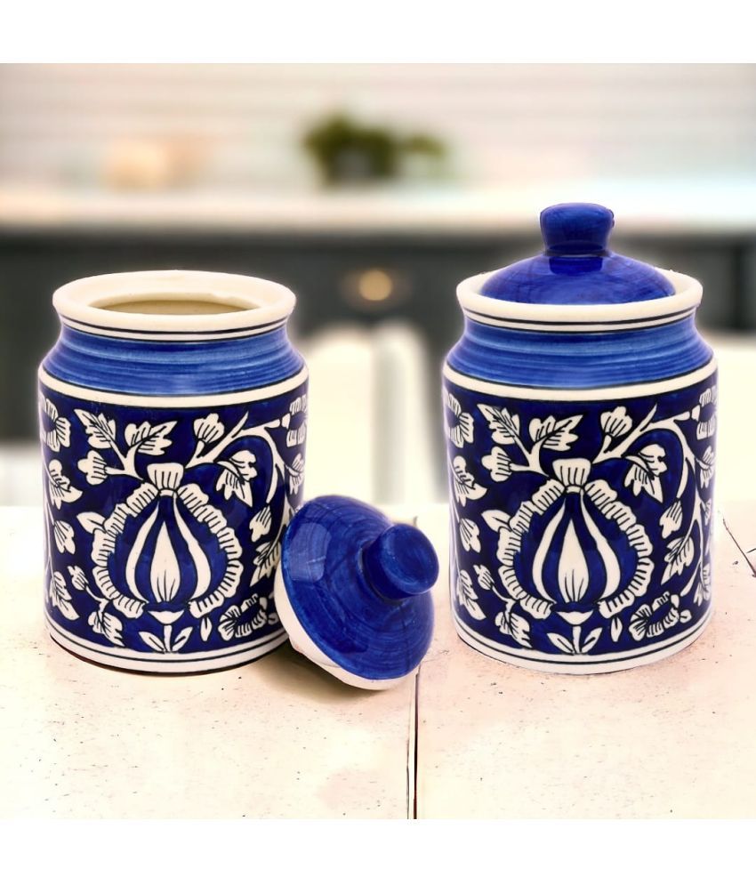     			Malaikah Blue Pickle Jar Ceramic Dark Blue Pickle Container ( Set of 2 )