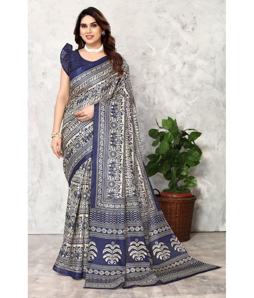     			Yashika Art Silk Printed Saree With Blouse Piece - Navy Blue ( Pack of 1 )