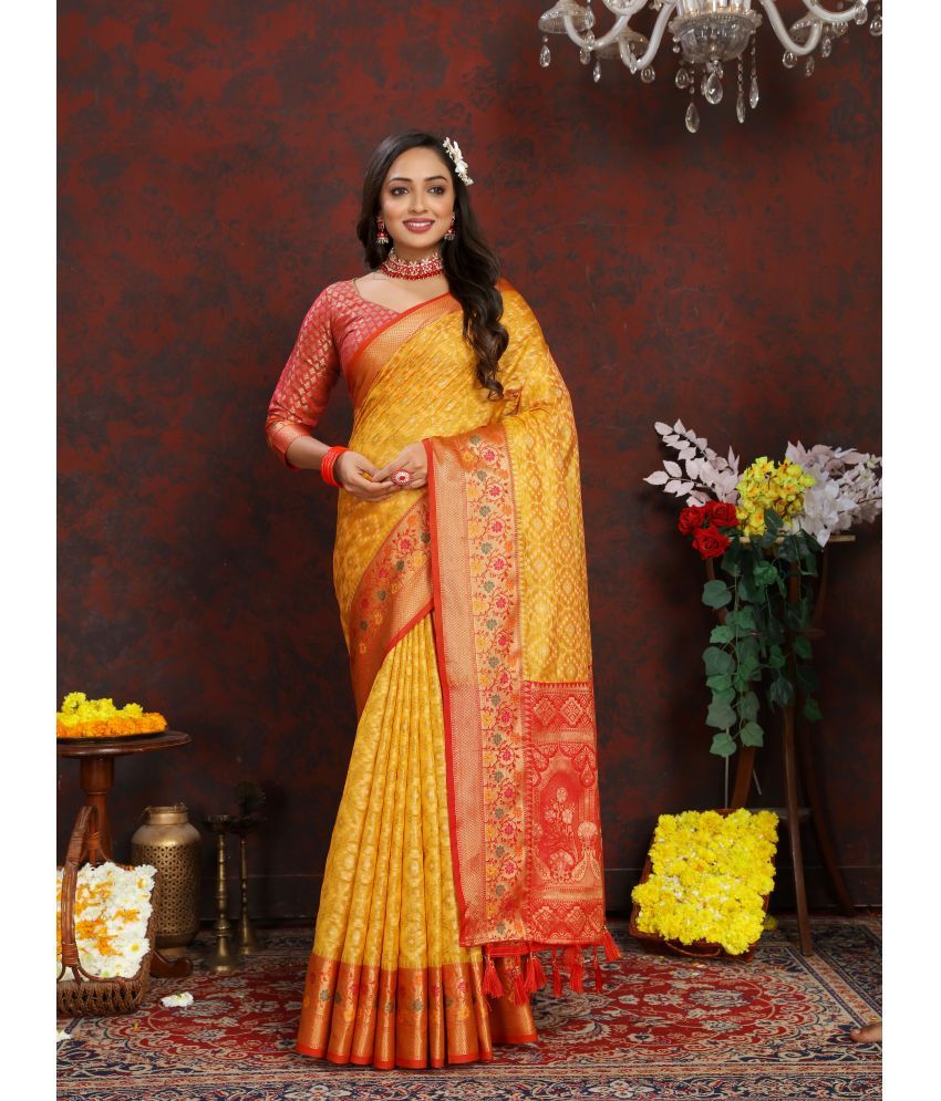     			ofline selection Organza Woven Saree With Blouse Piece - Yellow ( Pack of 1 )