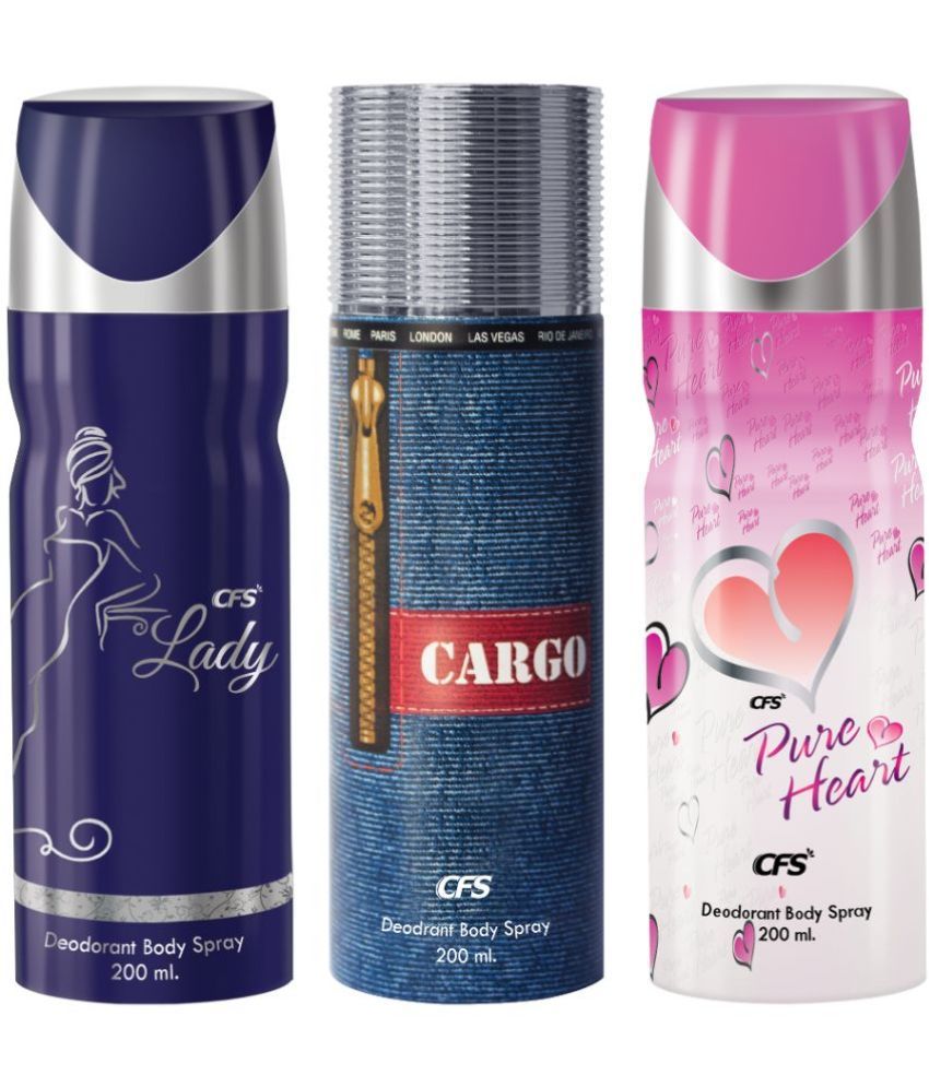     			CFS  Cargo Blue, Lady & Pure Heart Pink Body Spray for Unisex 600 ml ( Pack of 3 )