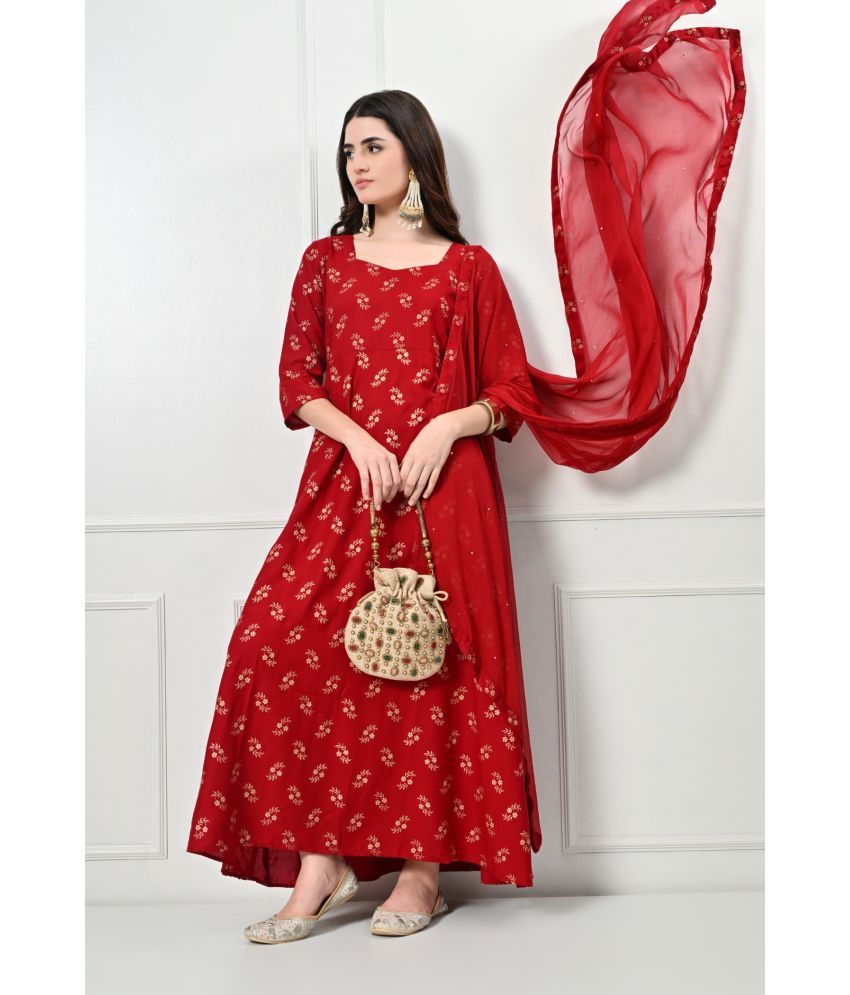     			Desinoor.com Rayon Printed Anarkali Women's Kurti with Dupatta - Maroon ( Pack of 1 )