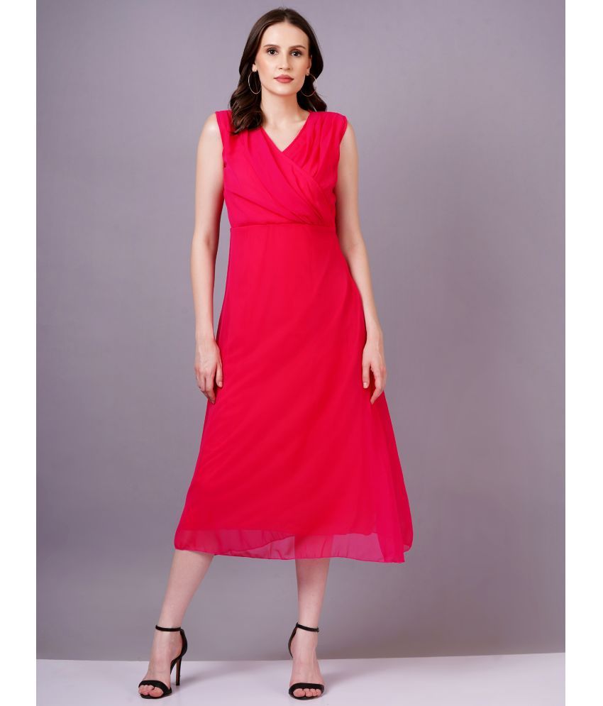     			HIGHLIGHT FASHION EXPORT Georgette Solid Midi Women's A-line Dress - Red ( Pack of 1 )