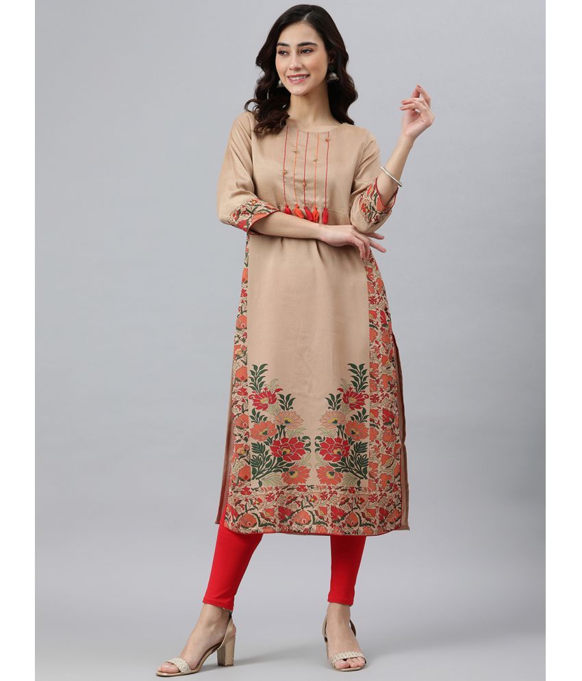     			Janasya Silk Blend Printed Straight Women's Kurti - Beige ( Pack of 1 )