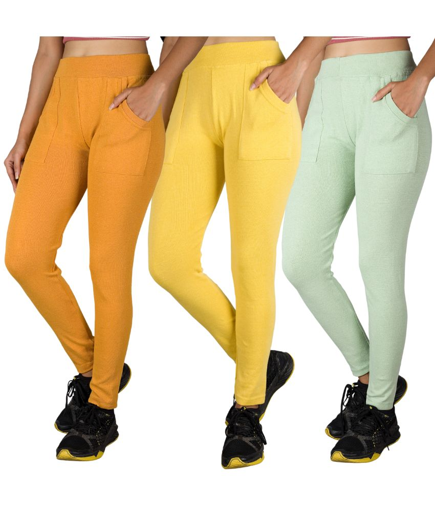     			KARARO JEGGINGS - Cotton Blend Skinny Fit Yellow Women's Jeggings ( Pack of 3 )