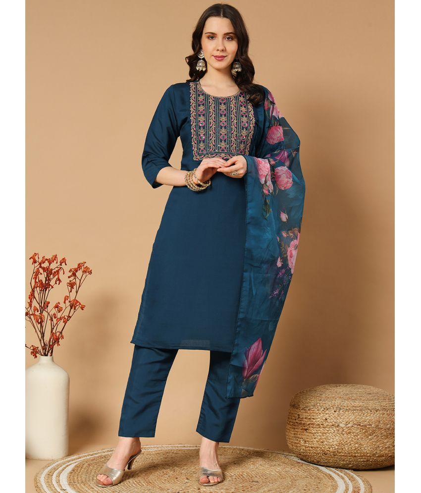     			MORLY Cotton Silk Embroidered Kurti With Pants Women's Stitched Salwar Suit - Navy ( Pack of 1 )