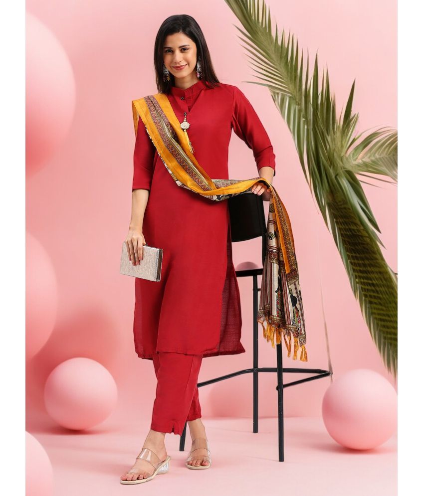     			MORLY Cotton Silk Embroidered Kurti With Pants Women's Stitched Salwar Suit - Maroon ( Pack of 1 )