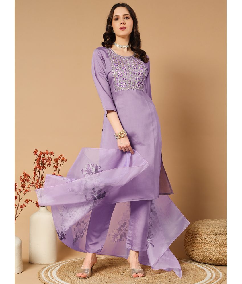     			MORLY Cotton Silk Embroidered Kurti With Pants Women's Stitched Salwar Suit - Lavender ( Pack of 1 )