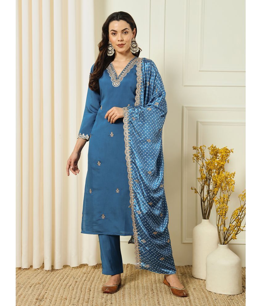     			MORLY Silk Blend Embroidered Kurti With Pants Women's Stitched Salwar Suit - Blue ( Pack of 1 )