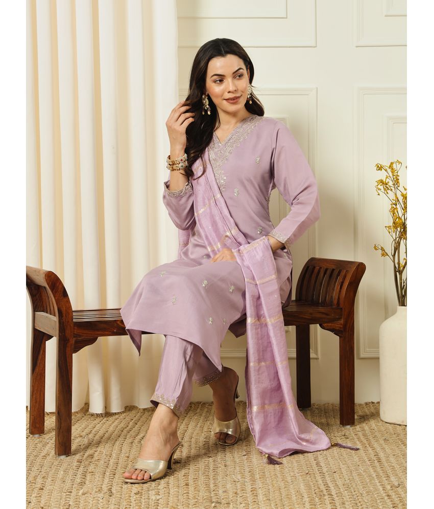     			MORLY Silk Blend Embroidered Kurti With Pants Women's Stitched Salwar Suit - Lavender ( Pack of 1 )