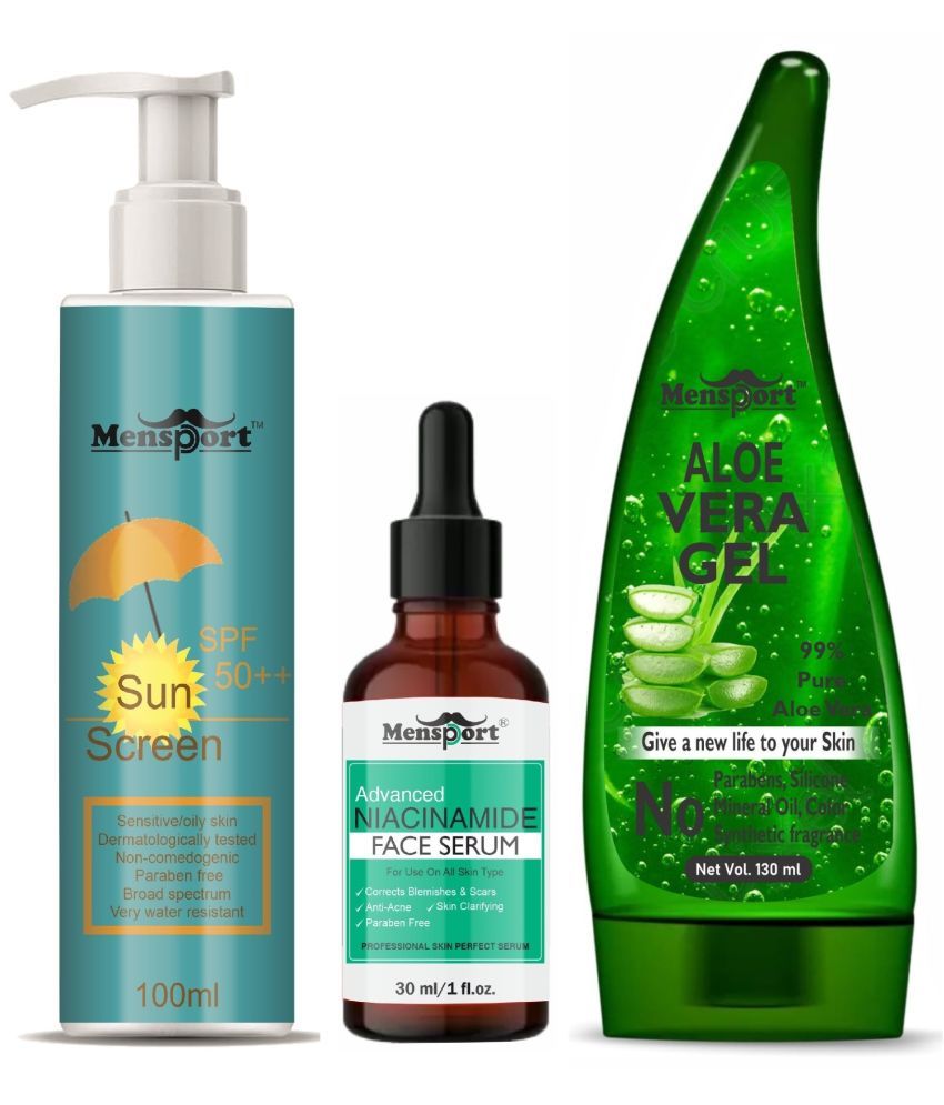     			Mensport Broad Spectrum SPF 50++ Sunscreen 100ML, Niacinamide Anti Acne Face Serum 30ML & Multipurpose Aloe Vera Gel 130ML - Combo of 3 Items