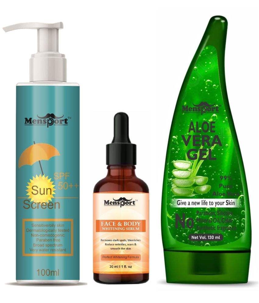     			Mensport Broad Spectrum SPF 50++ Sunscreen 100ML, Face and Body Whitening Serum 30ML & Multipurpose Aloe Vera Gel 130ML - Combo of 3 Items