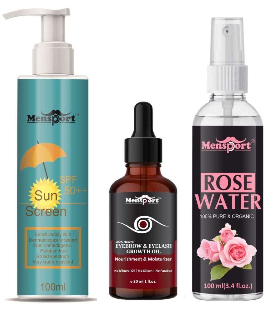     			Mensport Broad Spectrum SPF 50++ Sunscreen 100ML, Eyebrow and Eyelash Growth Oil 30ML & Natural Rose Water 100ml - Combo of 3 Items