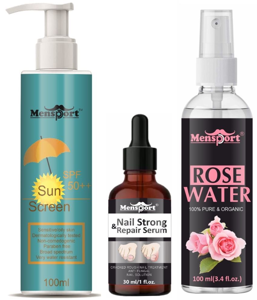     			Mensport Broad Spectrum SPF 50++ Sunscreen 100ML, Nail Strong and Repair Serum 30ML & Natural Rose Water 100ml - Combo of 3 Items