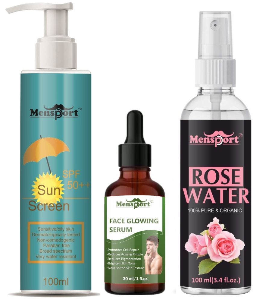     			Mensport Broad Spectrum SPF 50++ Sunscreen 100ML, Face Glowing Serum 30ML & Natural Rose Water 100ml - Combo of 3 Items