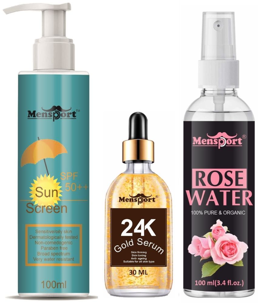     			Mensport Broad Spectrum SPF 50++ Sunscreen 100ML, 24K Gold Face Serum 30ML & Natural Rose Water 100ml - Combo of 3 Items