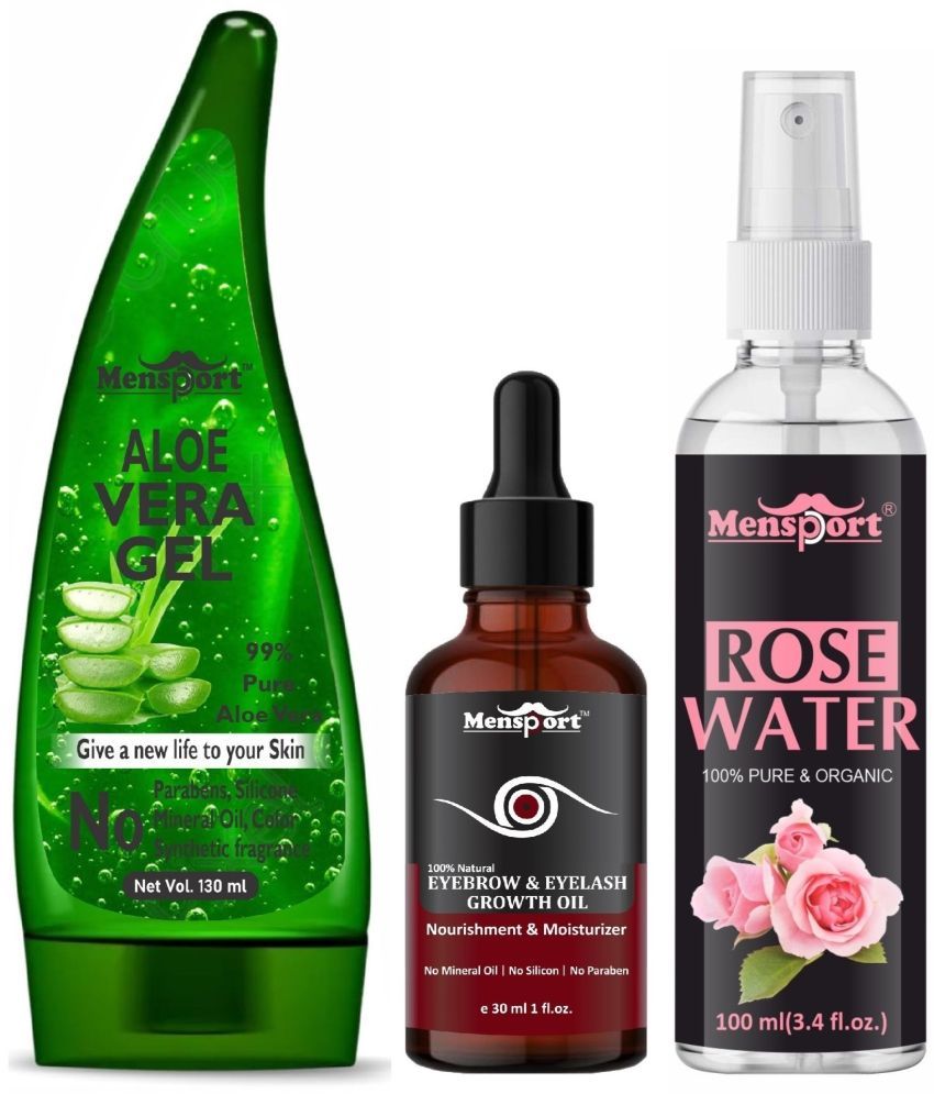     			Mensport Multipurpose Aloe Vera Gel 130ml, Eyebrow and Eyelash Growth Oil 30ML & Natural Rose Water 100ml - Combo of 3 Items