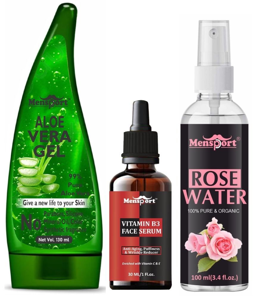     			Mensport Multipurpose Aloe Vera Gel 130ml,, Vitamin B3 Anti Ageing Face Serum 30ML & Natural Rose Water 100ml - Combo of 3 Items