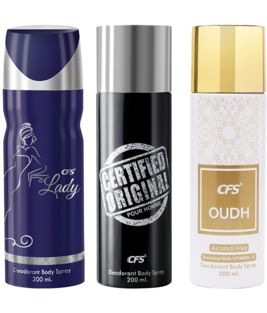     			CFS  Certified Black, Lady & Oudh White Body Spray for Unisex 600 ml ( Pack of 3 )