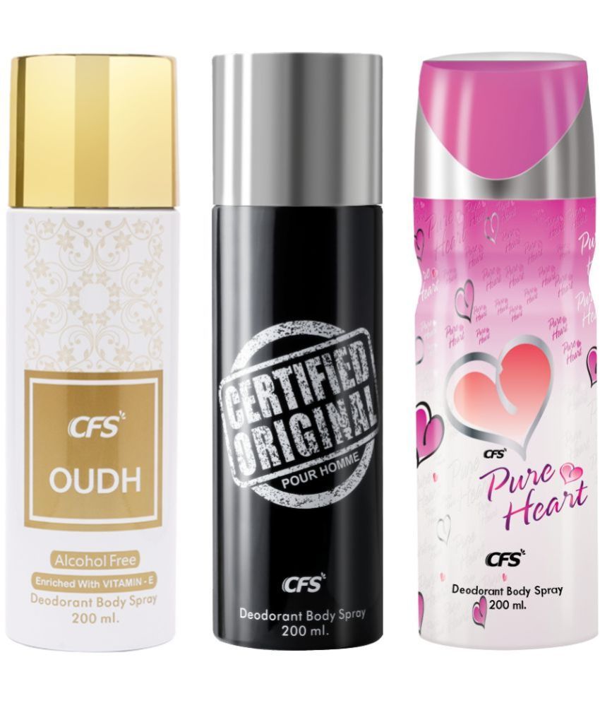     			CFS  Ctfd Black, Oudh White & Pure HeartPink Deodorant Spray for Unisex 600 ml ( Pack of 3 )