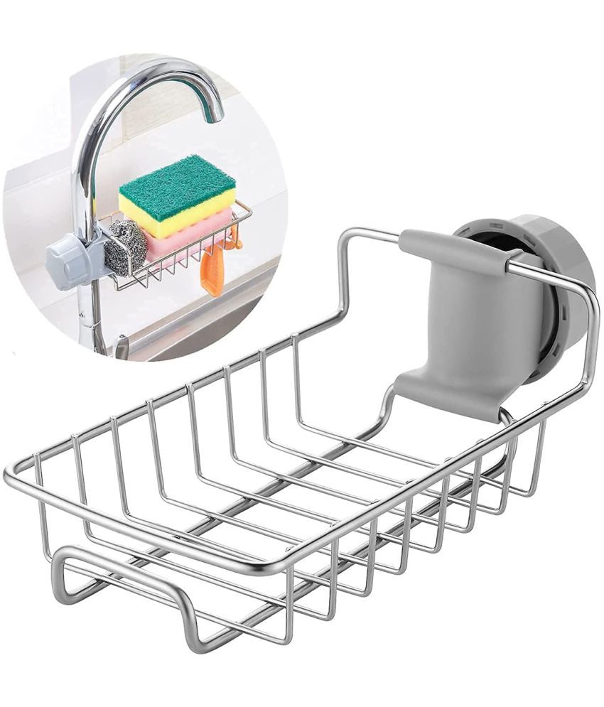     			GEEO Kitchen Sink Faucet Sponge Holder Caddy organizer over, stainless steel heavy duty thickening hanging drain rack for scrubbers, sop, bathroom, detachable no suction cup bathroom sop holder