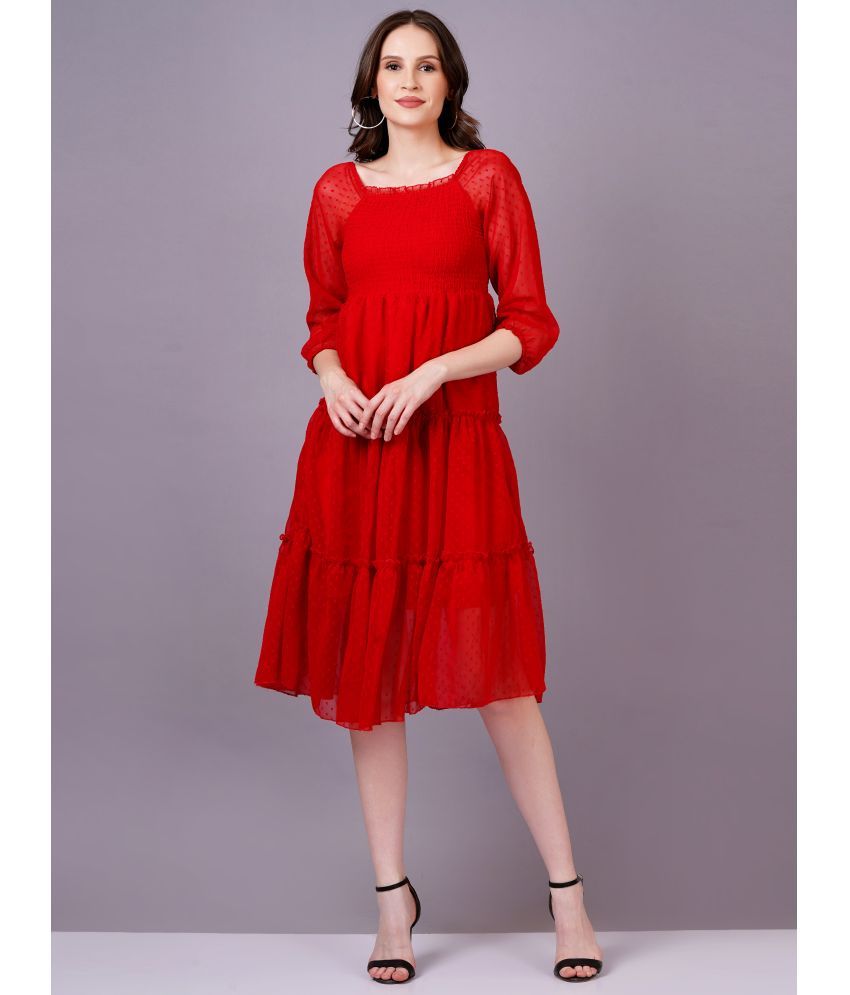     			HIGHLIGHT FASHION EXPORT Georgette Self Design Midi Women's Fit & Flare Dress - Red ( Pack of 1 )