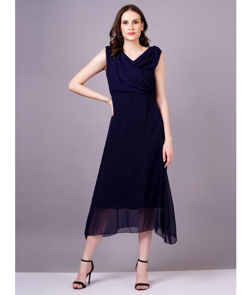     			HIGHLIGHT FASHION EXPORT Georgette Solid Midi Women's A-line Dress - Navy ( Pack of 1 )