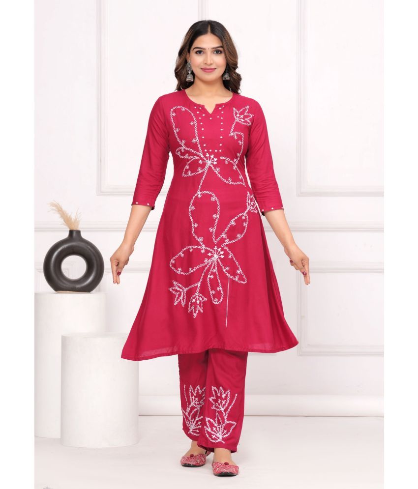     			Heavenly Attire Rayon Embroidered Kurti With Pants Women's Stitched Salwar Suit - Maroon ( Pack of 1 )