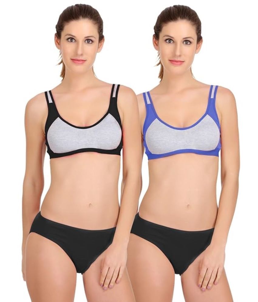     			Kiran Enterprises Black,Blue Cotton Women's Bra & Panty Set ( Pack of 2 )