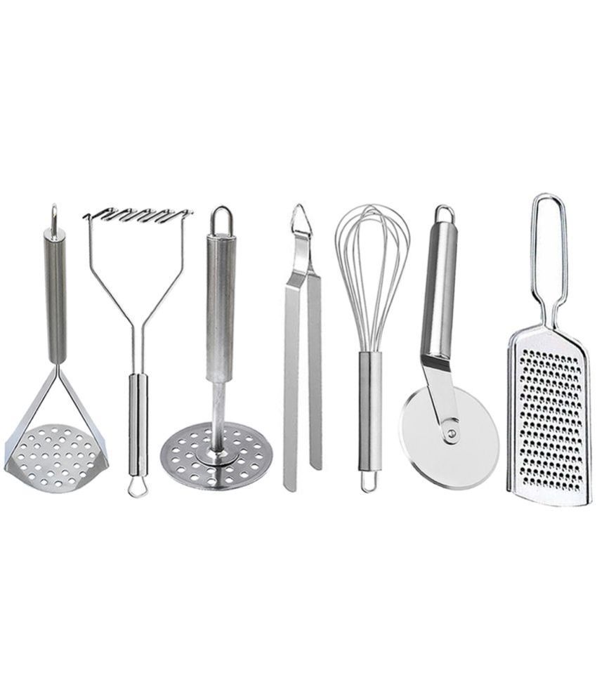     			OC9 Silver Stainless Steel 3Masher+Chimta+Whisk+Pizza+Grater ( Set of 7 )