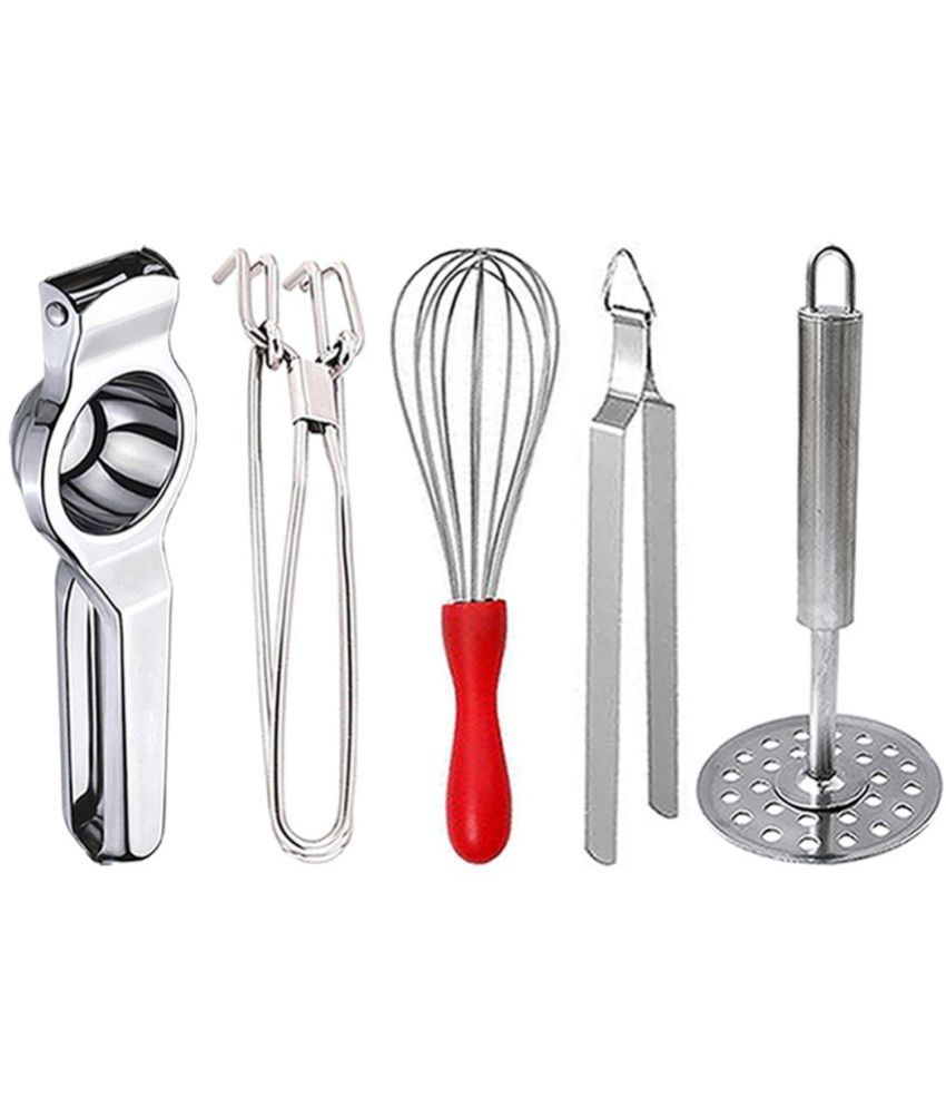     			OC9 Silver Stainless Steel Lemon+Pakkad+Whisk+Chimta+Masher ( Set of 5 )