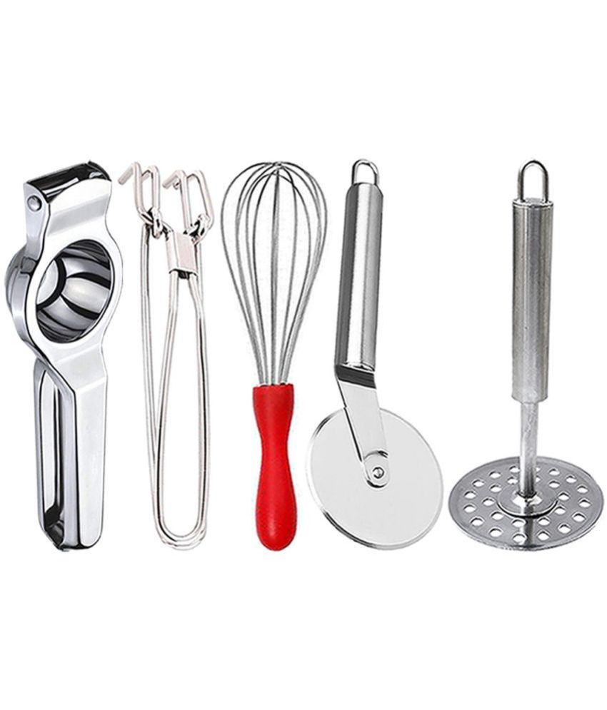     			OC9 Silver Stainless Steel Lemon+Pakkad+Whisk+Pizza Cutter+Masher ( Set of 5 )