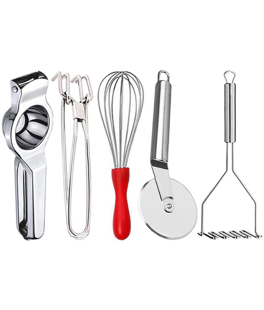     			OC9 Silver Stainless Steel Lemon Squeezer+Pakkad+Whisk+Pizza Cutter+Masher ( Set of 5 )