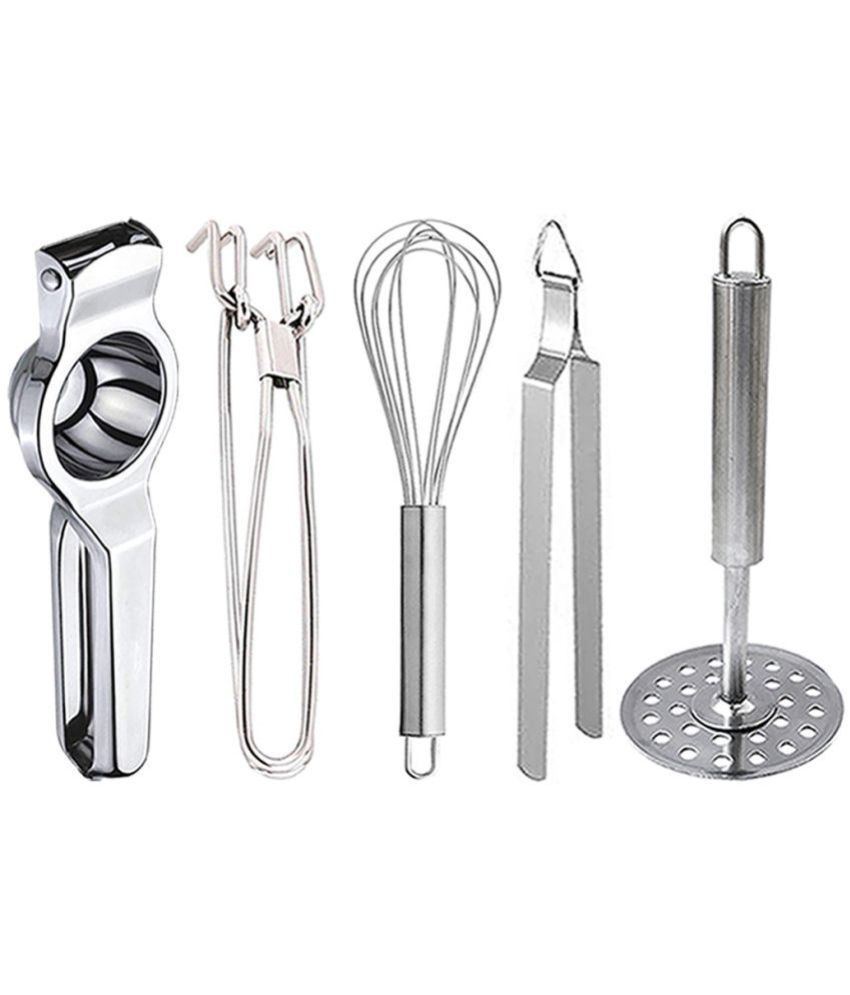     			OC9 Silver Stainless Steel Lemon+Pakkad+Whisk+Chimta+Masher ( Set of 5 )