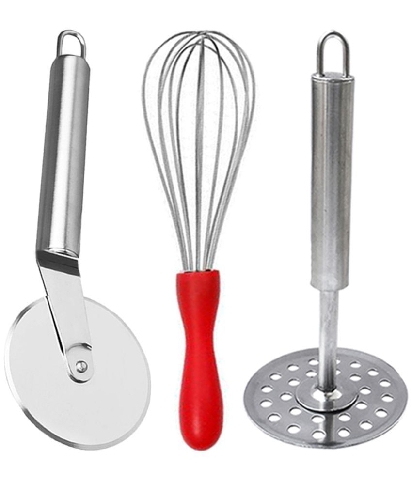     			OC9 Silver Stainless Steel Whisk+Pizza Cutter+Masher ( Set of 3 )