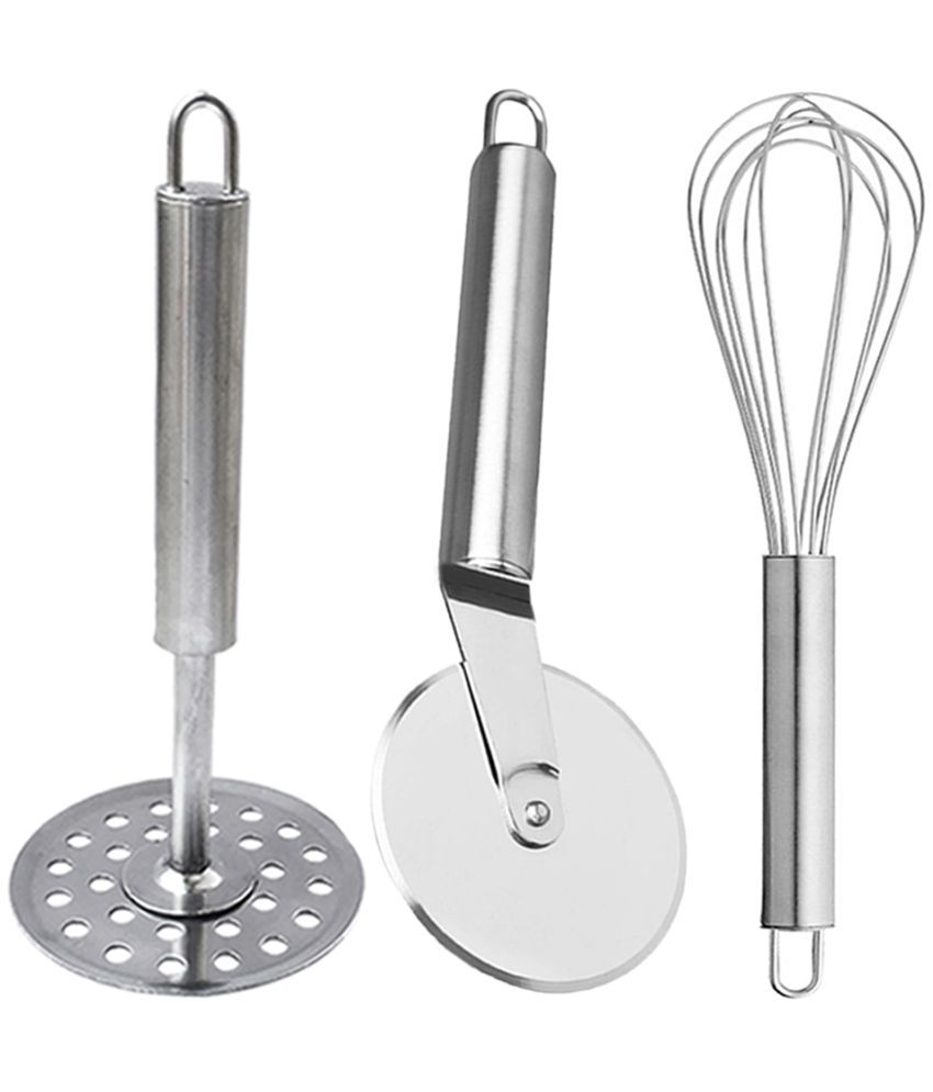     			OC9 Silver Stainless Steel Whisk+Masher+Pizza Cutter ( Set of 3 )