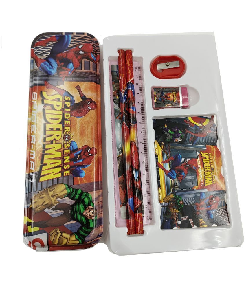     			TOY DEKHO Bag Shape Cartoon Printed Stationery Gift Pack for Kids/ Art Plastic Pencil Box Set for Kids Boys and Girls/ Combo Stationary Gift Sets / designed stationery Geometry Box Multi-Purpose Uses (SPIDER MAN)