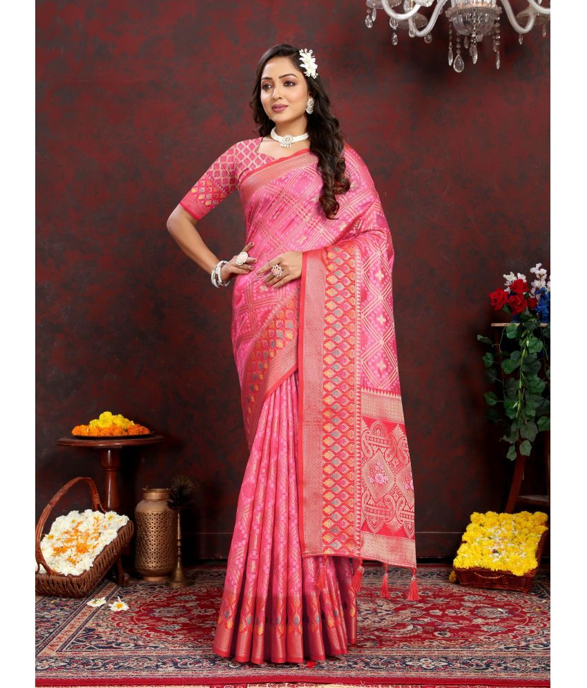     			ofline selection Organza Applique Saree With Blouse Piece - Pink ( Pack of 1 )