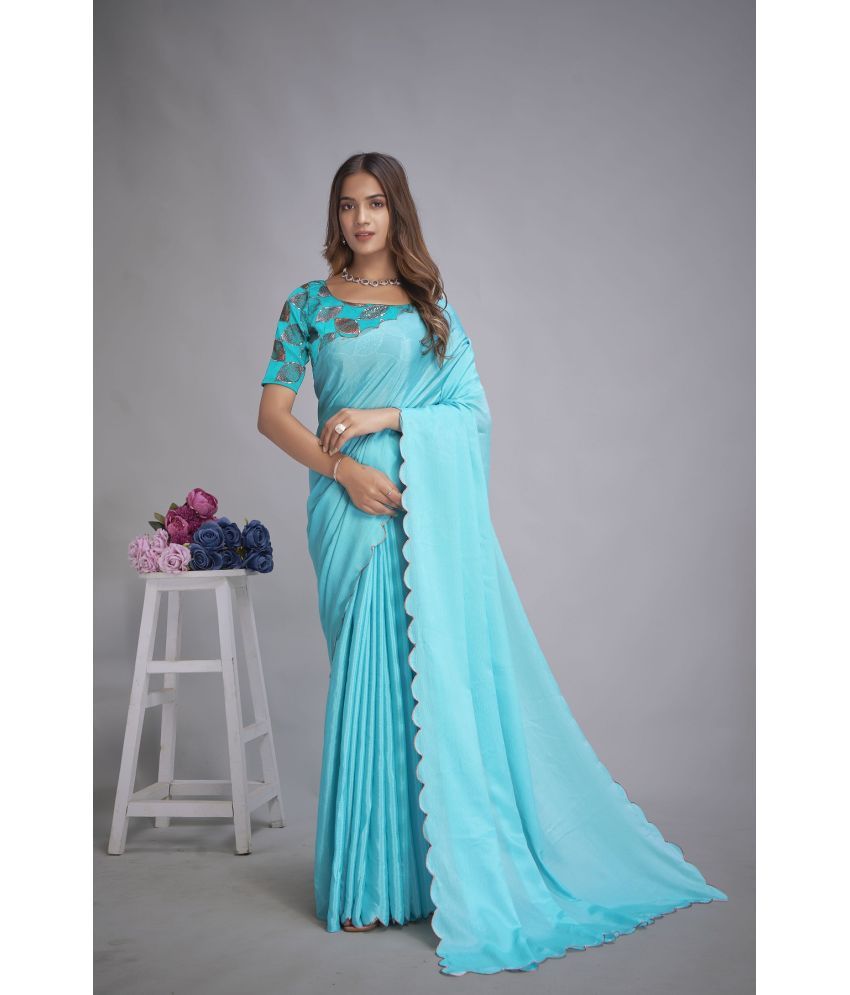     			A TO Z CART Chiffon Embellished Saree With Blouse Piece - Turquoise ( Pack of 1 )