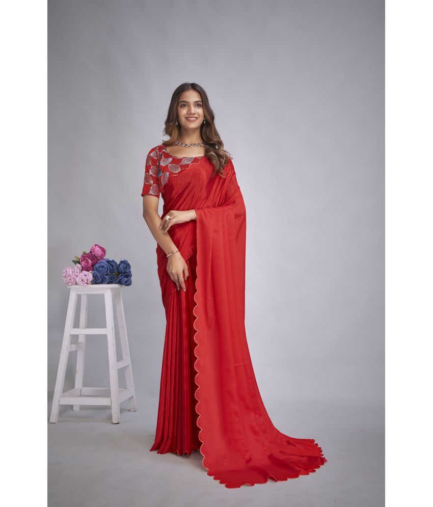     			A TO Z CART Chiffon Embellished Saree With Blouse Piece - Red ( Pack of 1 )