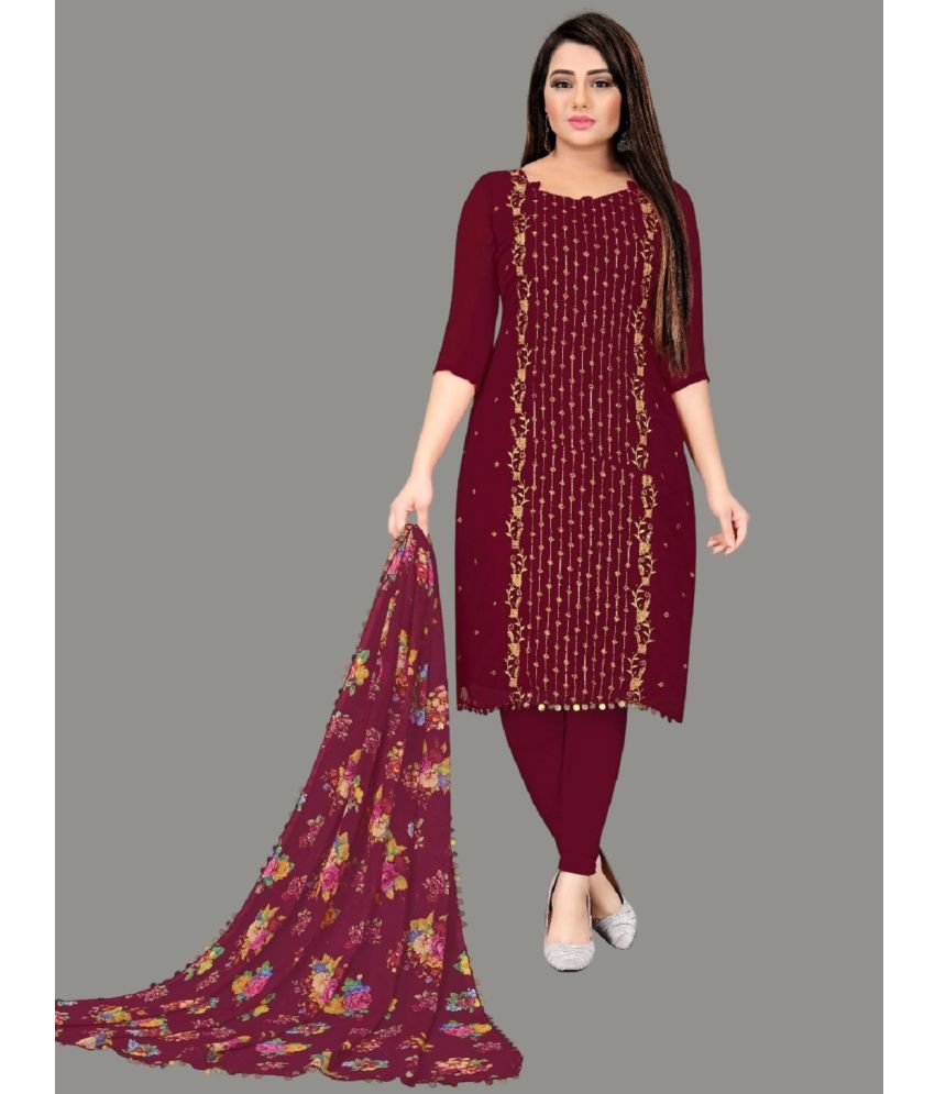     			JULEE Unstitched Georgette Embroidered Dress Material - Maroon ( Pack of 1 )