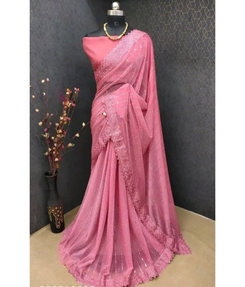     			Ruyu Lycra Embroidered Saree With Blouse Piece - Pink ( Pack of 1 )