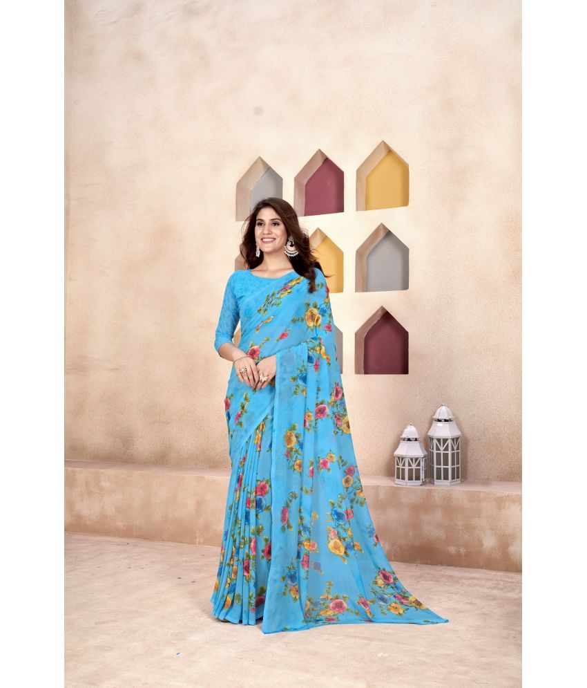     			Varni Fabrics Georgette Printed Saree With Blouse Piece - Blue ( Pack of 1 )