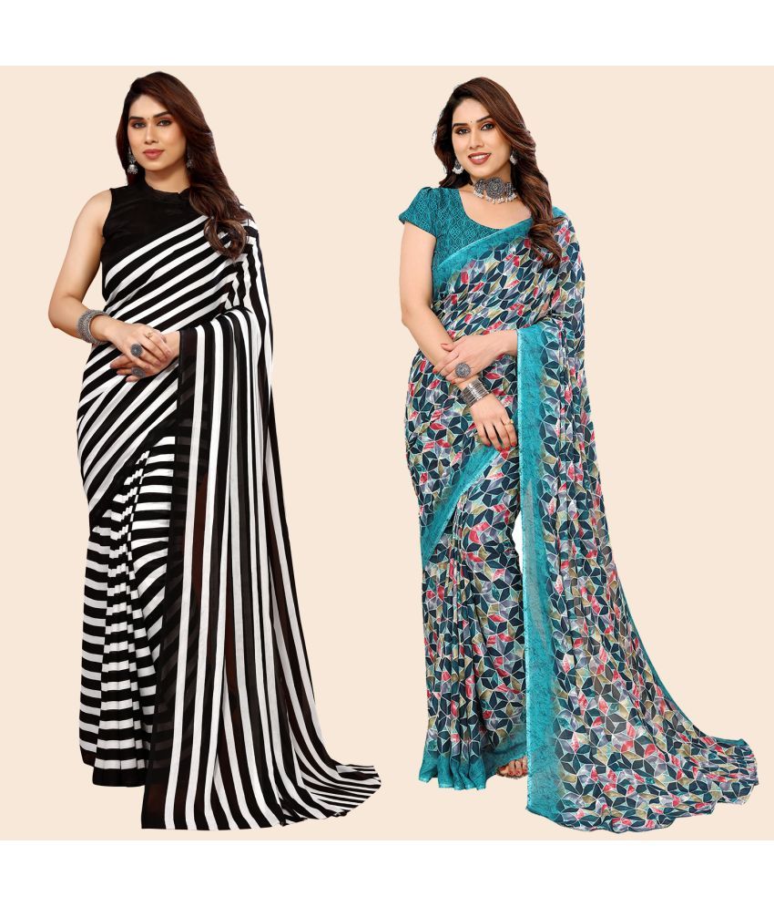     			ANAND SAREES Georgette Striped Saree With Blouse Piece - Multicolour ( Pack of 2 )