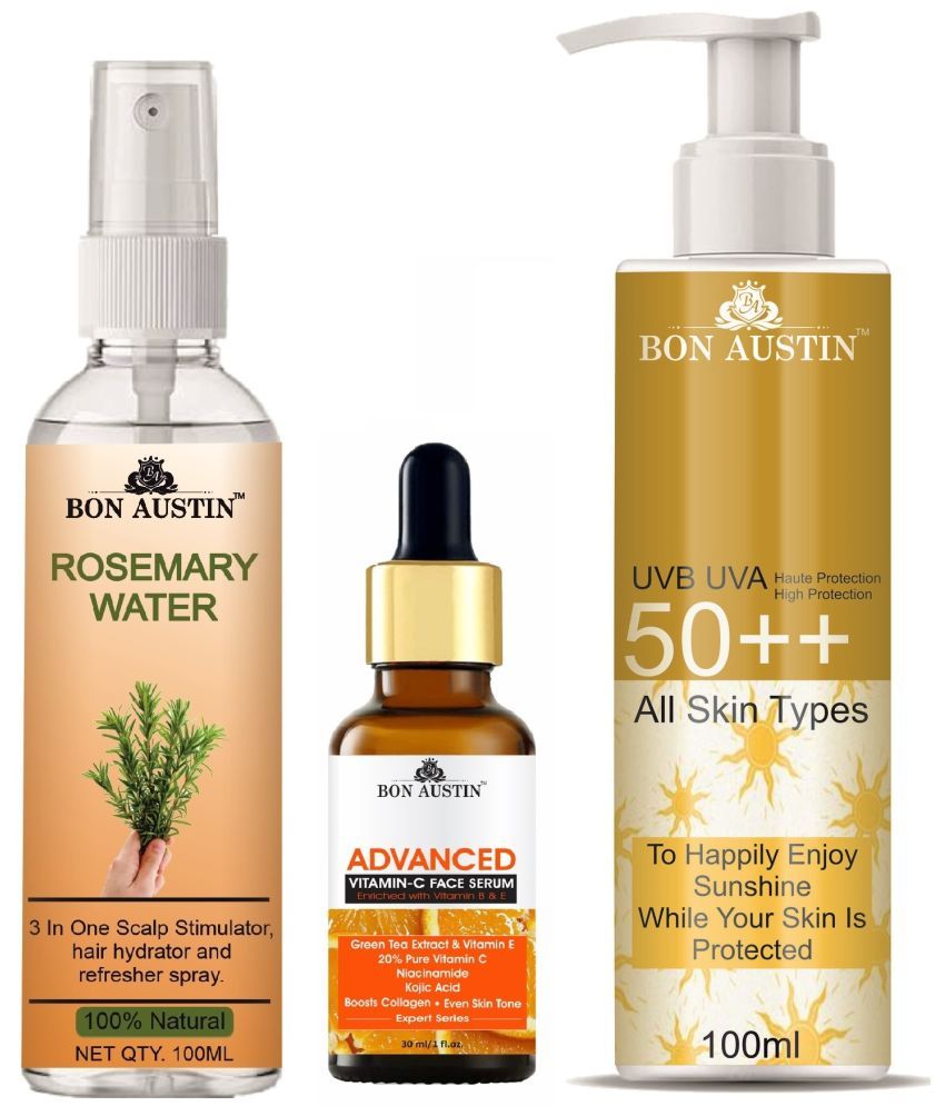     			Bon Austin Rosemary Water | Hair Spray For Regrowth | Hair Growth Expert 100ml, Advance Vitamin C Face Serum 30ML & UVA & UVB Protection Sunscreen 100ml  - Set of 3 Items